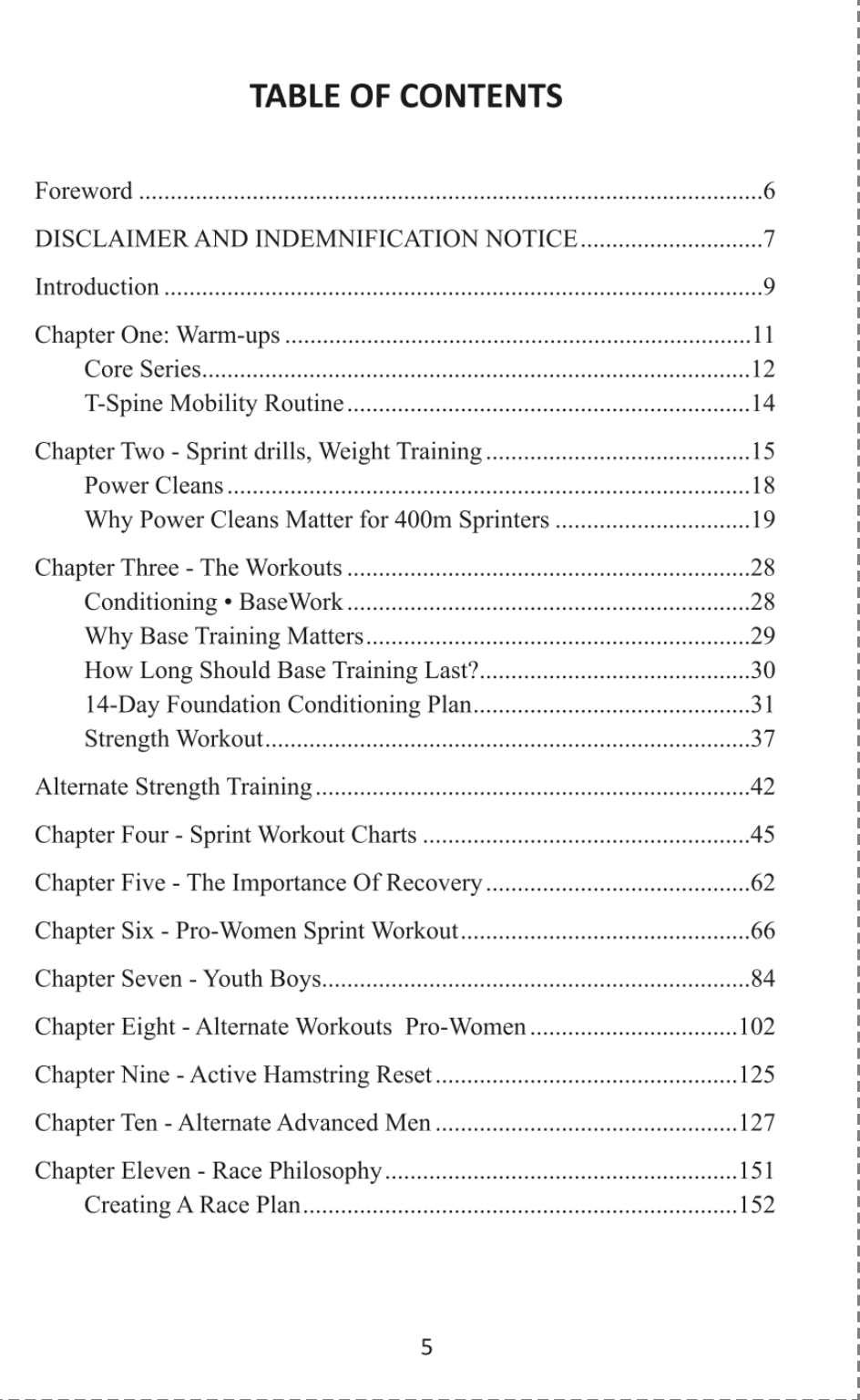 Table of Contents of the 400 Meter Workout Book